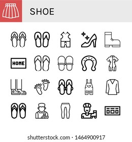 Set of shoe icons such as Skirt, Flip flops, Clothes, High heels, Boot, Doormat, Slippers, Horseshoe, Neoprene, Sneaker, Footprint, Sandals, Overall, Blouse, Shoemaker , shoe