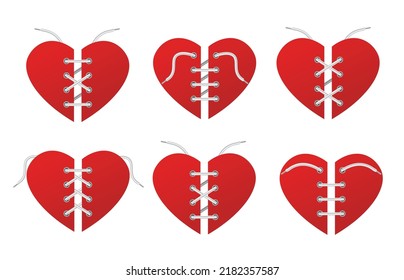 Set of shoe lacing schemes, realistic, vector illustration isolated on white background. White threads on cardboard in shape of heart, fashion lace tying options