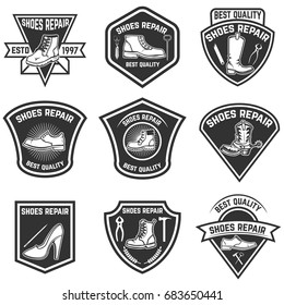 Set of shoe repair emblems isolated on white background. Design elements for logo, label, emblem, sign, badge. Vector illustration