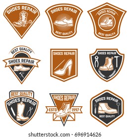 Set of shoe repair emblems. Shoe repair tools. Design elements for logo, label, emblem, sign. Vector illustration