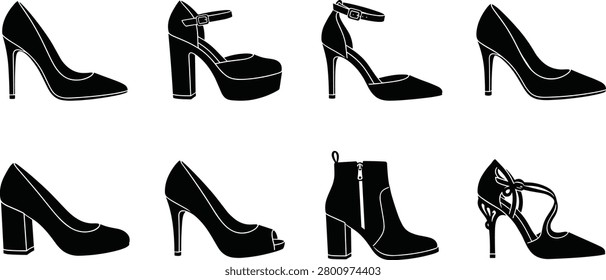 Set of Women’s Shoe Silhouettes Featuring Stiletto Pumps, Platform Sandals, Ankle-Strap Heels, Block Mules, Peep-Toe Pumps and Lace-Up Sandals