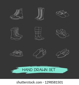 Set of shoe types icons line style symbols with insulated boots, ballet shoes, trainer shoes and other icons for your web mobile app logo design.