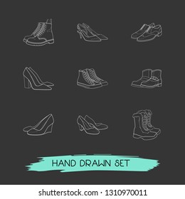 Set of shoe types icons line style symbols with pump shoes, slingbacks, wedge heel and other icons for your web mobile app logo design.