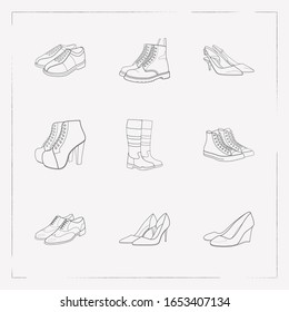 Set of shoe types icons line style symbols with oxford shoes, dr martens, bowling shoes and other icons for your web mobile app logo design.