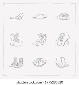 Set of shoe types icons line style symbols with gladiator boots, ankle strap shoes, kitten heel shoes and other icons for your web mobile app logo design.