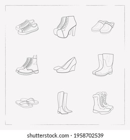 Set of shoe types icons line style symbols with canvas shoes, clogs, gumboots and other icons for your web mobile app logo design.