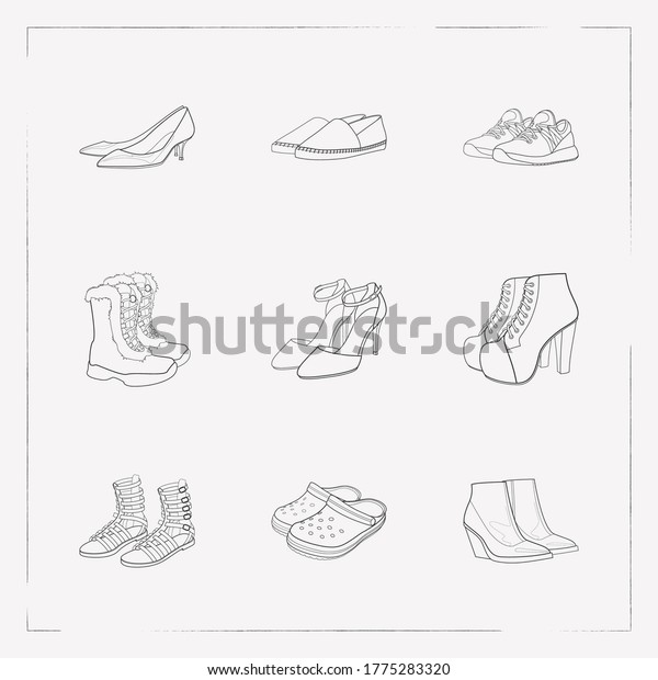 Set of shoe types icons line style\
symbols with gladiator boots, ankle strap shoes, kitten heel shoes\
and other icons for your web mobile app logo\
design.