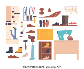 Set von Shoemaker Professional Tools, Instrumenten und Geräten. Nähmaschine, Schere, Schüssel, Klebstoff, Messer und Hammer. Neue Schuhe über Hanger, Schuster-Kunsthandwerk. Cartoon-Vektorgrafik