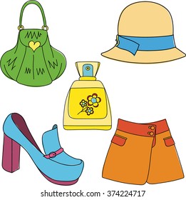 Set of shoes, bag, skirt, hat and perfume bottle on white background. Vector illustration.