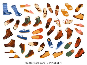 Set of shoes in casual style for men. Fashion trendy boots for fall, winter, spring and summer. isolated flat vector illustrations on white background. Fashionable footwear for men. Design elements.