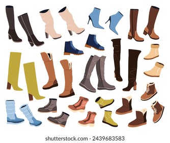 Set of shoes in casual style for women. Fashion trendy boots for fall and winter seasons. isolated flat vector illustrations on white background. Fashionable footwear for women. Design elements.