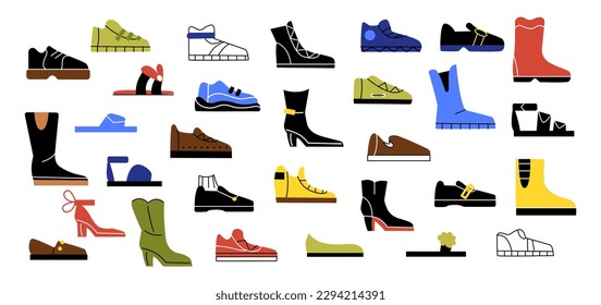 Set of shoes. Collection of colorful sneakers, womens and mens shoes and boots. Fashion, trend and style. Aesthetics and elegance. Cartoon flat vector illustrations isolated on white background