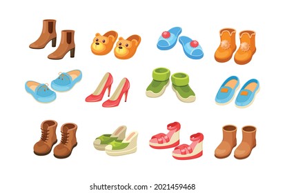 Set shoes. Comfortable kids and adult footwear for activity walking outdoor, domestic, beach recreation, doing sports. Footgear pairs, house slippers, sneakers, sandals, flip flops cartoon vector