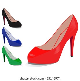 Set of shoes of different colours on a white background