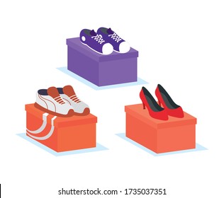 set shoes fashion footwear in boxes vector illustration design