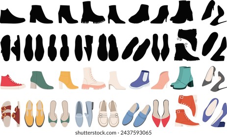 set of shoes in flat style on white background, vector