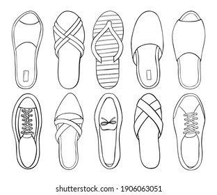 Set Of Shoes. 
Hand Draw Doodle Outline Sketch. Vector Illustration.