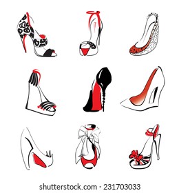 Set of shoes with high heels. Hand drawn vector illustration