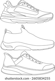 Set of shoes icon isolated Running shoes line and icon, sneakers in different styles, Flat Vector Silhouette Shoes or Sneakers Icon Set Isolated