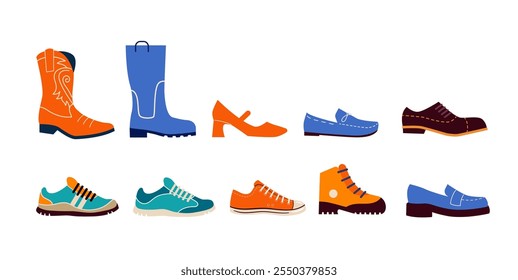 Conjunto de ilustraciones de zapatos. Botas, zapatos deportivos, zapatillas de deporte, mocasines, zapatos de vaquero. Diseño de concepto de Vector