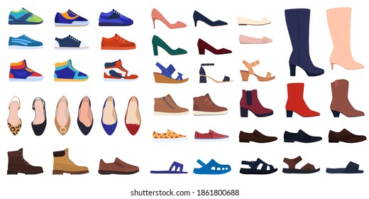 Set of shoes. Men's and women's shoes. Shoes for all seasons. Sneakers, shoes, boots, sandals, flip flops. Isolated vector illustration