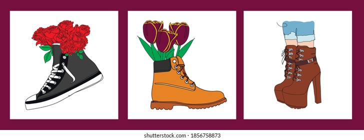 Setz Schuhe. Eine Zeichnung. Vektorgrafik-Endloszeichnung. Geschäftskonzept. Einkaufskonzept