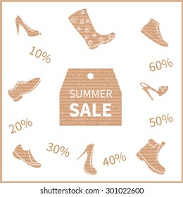 Set of shoes and a piece of cardboard with text: Summer sale. Design template for season sale.Vector illustration  piece of cardboard