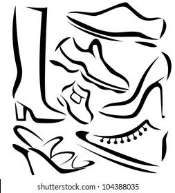 set of shoes silhouettes, vector sketch in simple black lines