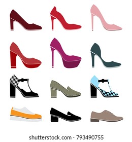 Set of  shoes, slipper, boot for woman and girl,  different models and  color,symbol silhouettes,  isolated on white background