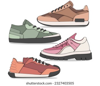 Set of shoes sneaker drawing vector, Sneakers drawn in a sketch style, bundling sneakers trainers template, vector Illustration.

