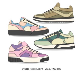 Juego de zapatos sneaker dibujar vector, Sneakers dibujado en un estilo de esbozo, bundling sneakers trainers (plantilla de entrenadores), vectorial Illustration (Ilustración vectorial).
