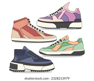 Juego de zapatos sneaker dibujar vector, Sneakers dibujado en un estilo de esbozo, bundling sneakers trainers (plantilla de entrenadores), vectorial Illustration (Ilustración vectorial).
