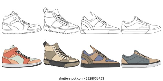 Set of shoes sneaker drawing vector, Sneakers drawn in a sketch style, bundling sneakers trainers template, vector Illustration.
