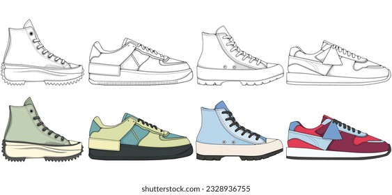 Set of shoes sneaker drawing vector, Sneakers drawn in a sketch style, bundling sneakers trainers template, vector Illustration.
