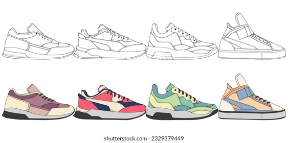 Set of shoes sneaker drawing vector, Sneakers drawn in a sketch style, bundling sneakers trainers template, vector Illustration.
