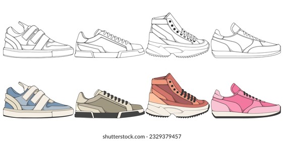 Set of shoes sneaker drawing vector, Sneakers drawn in a sketch style, bundling sneakers trainers template, vector Illustration.
