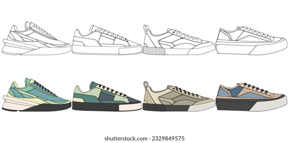 Set of shoes sneaker drawing vector, Sneakers drawn in a sketch style, bundling sneakers trainers template, vector Illustration.
