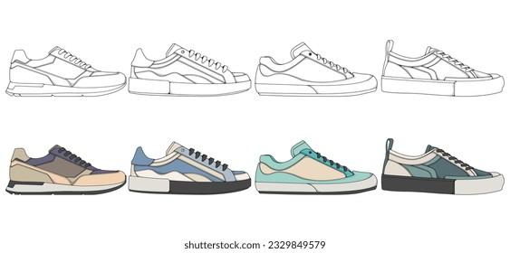 Set of shoes sneaker drawing vector, Sneakers drawn in a sketch style, bundling sneakers trainers template, vector Illustration.
