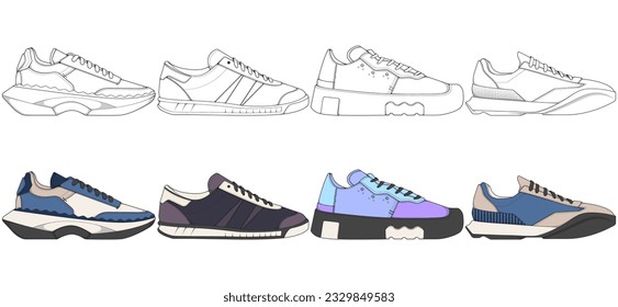 Set of shoes sneaker drawing vector, Sneakers drawn in a sketch style, bundling sneakers trainers template, vector Illustration.
