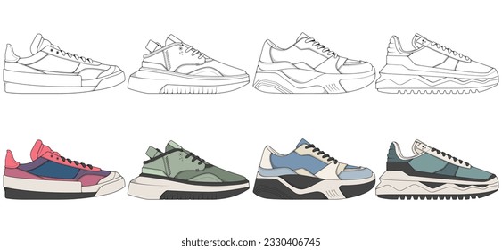 Juego de zapatos sneaker dibujar vector, Sneakers dibujado en un estilo de esbozo, bundling sneakers trainers (plantilla de entrenadores), vectorial Illustration (Ilustración vectorial).
