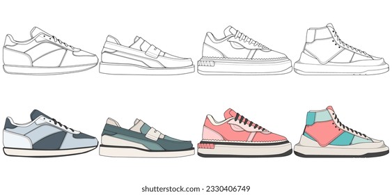 Sneaker-Zeichensatz, Sneakers in Skizze-Stil gezeichnet, Bundling Turnschuhe-Trainer-Vorlage, Vektorgrafik.
