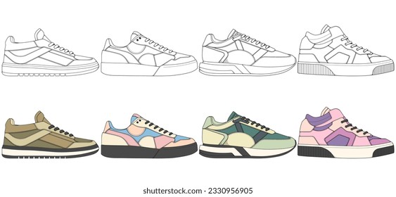 Set of shoes sneaker drawing vector, Sneakers drawn in a sketch style, bundling sneakers trainers template, vector Illustration.
