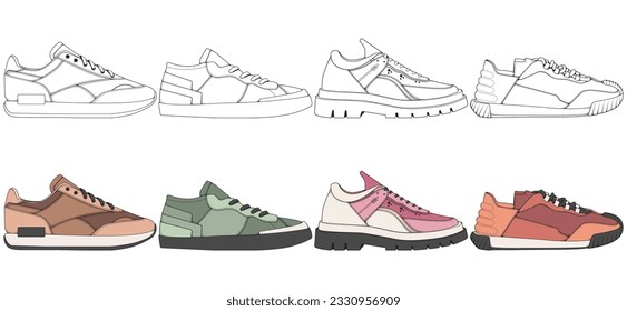 Set of shoes sneaker drawing vector, Sneakers drawn in a sketch style, bundling sneakers trainers template, vector Illustration.
