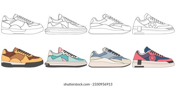 Set of shoes sneaker drawing vector, Sneakers drawn in a sketch style, bundling sneakers trainers template, vector Illustration.
