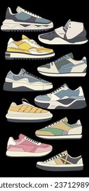 Set of shoes sneaker drawing vector, Sneakers drawn in a sketch style, bundling sneakers trainers template, vector Illustration.
