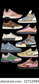 Set of shoes sneaker drawing vector, Sneakers drawn in a sketch style, bundling sneakers trainers template, vector Illustration.
