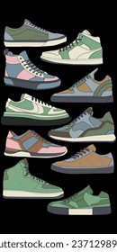 Set of shoes sneaker drawing vector, Sneakers drawn in a sketch style, bundling sneakers trainers template, vector Illustration.
