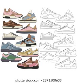 Set of shoes sneaker drawing vector, Sneakers drawn in a sketch style, bundling sneakers trainers template, vector Illustration.
