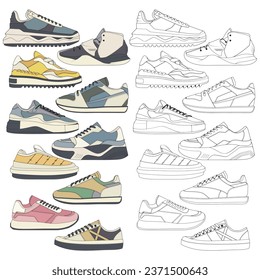 Sneaker-Zeichensatz, Sneakers in Skizze-Stil gezeichnet, Bundling Turnschuhe-Trainer-Vorlage, Vektorgrafik.
