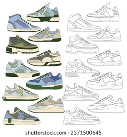 Set of shoes sneaker drawing vector, Sneakers drawn in a sketch style, bundling sneakers trainers template, vector Illustration.

